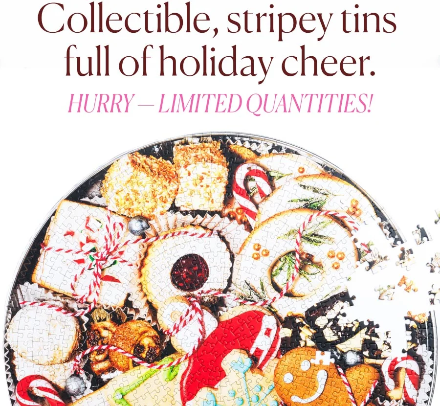 Collectible, stripey tins full of holiday cheer. Hurry - limited quantities!