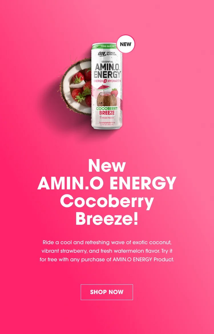 New AMIN.O ENERGY Cocoberry Breeze! Ride a cool and refreshing wave of exotic coconut, vibrant strawberry, and fresh watermelon flavor. Try it for free with any purchase of AMIN.O ENERGY Product. SHOP NOW