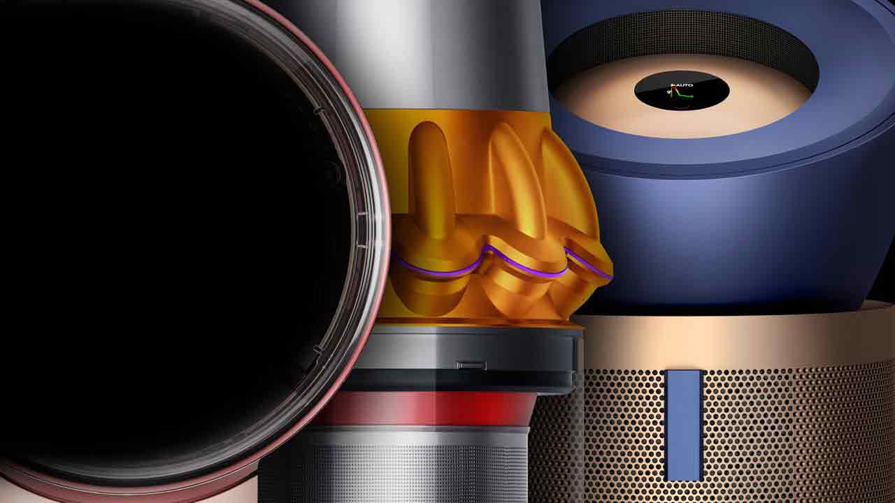 A selection of Dyson machines, including air purifiers, cordless vacuums and hair styling tools.