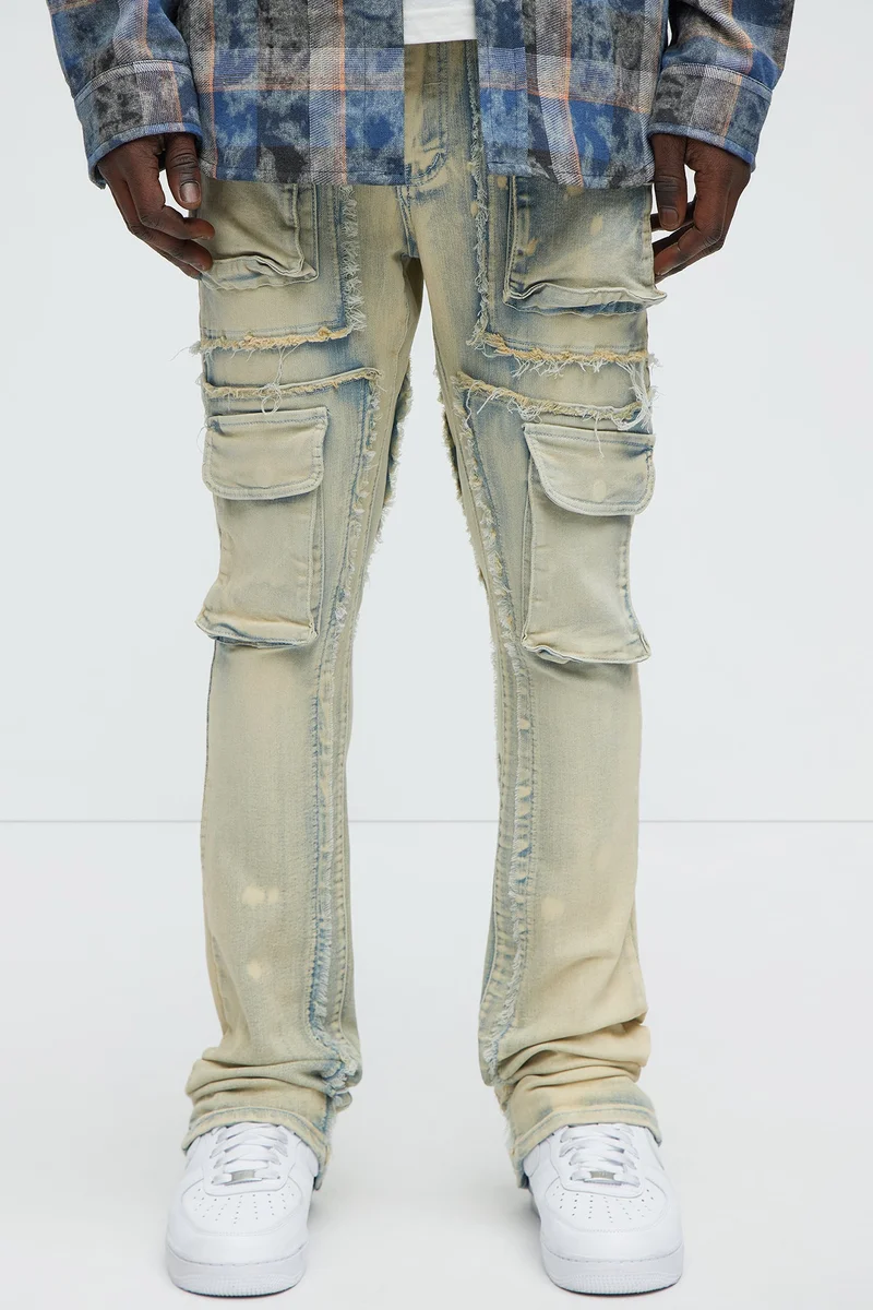 Image of Stacked Skinny Flare Fray With Cargo Jeans - Light Wash