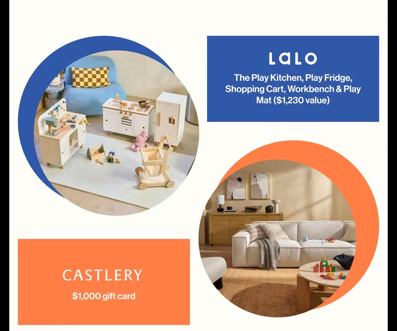Lalo- The Play Kitchen, Play Fridge, Shopping Cart, Workbench & Play Mat ($1,230 value)  Castlery- $1,000 gift card