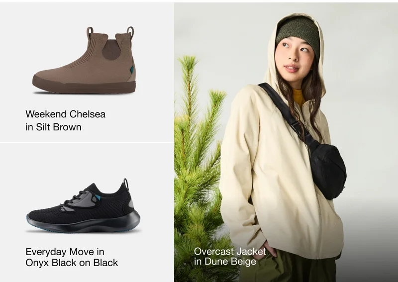 Graphic image of Weekend Chelsea in Silt Brown, Everyday Move in Onyx Black on Block and Overcast Jacket in Dune Beige.