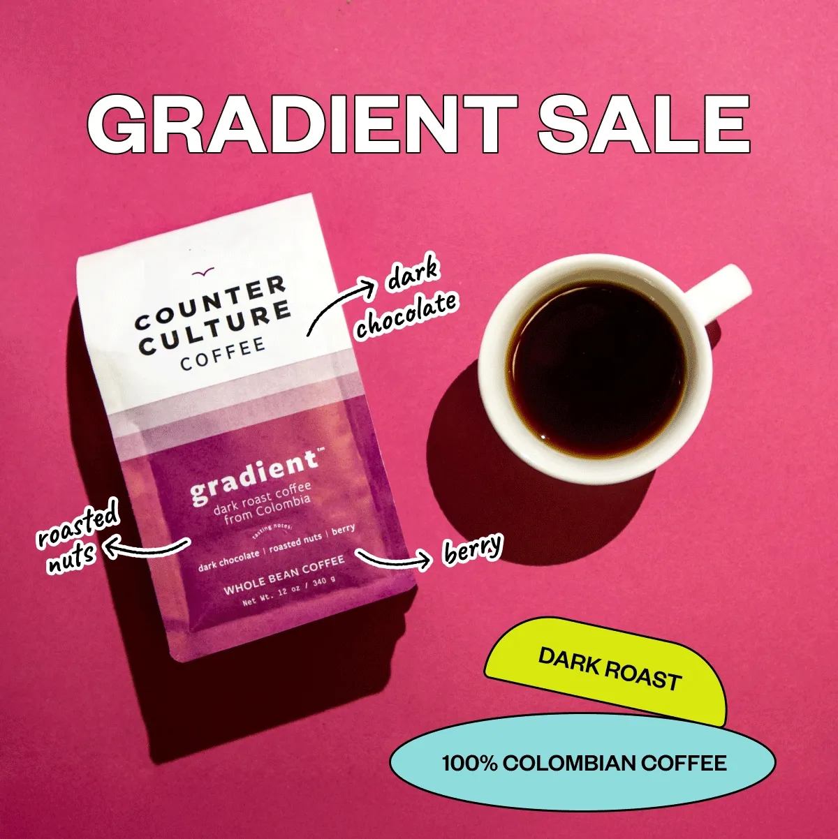 Gradient Sale dark chocolate roasted nuts berry dark roast 100% Colombian coffee