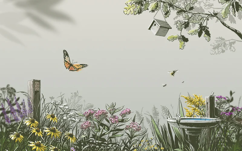 An illustration of a garden with wildflowers, a birdbath, and butterflies and bees flying about.