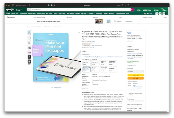 Screenshot of our Amazon Paperlike 3 listing