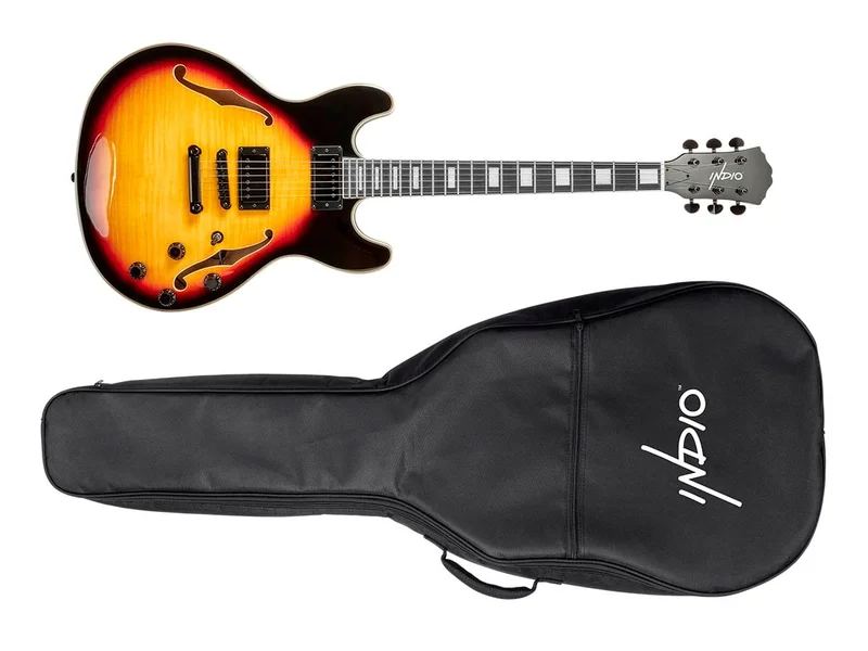 Indio by Monoprice Boardwalk Flamed Maple Semi Hollow Body Electric Guitar with Gig Bag, Sunburst