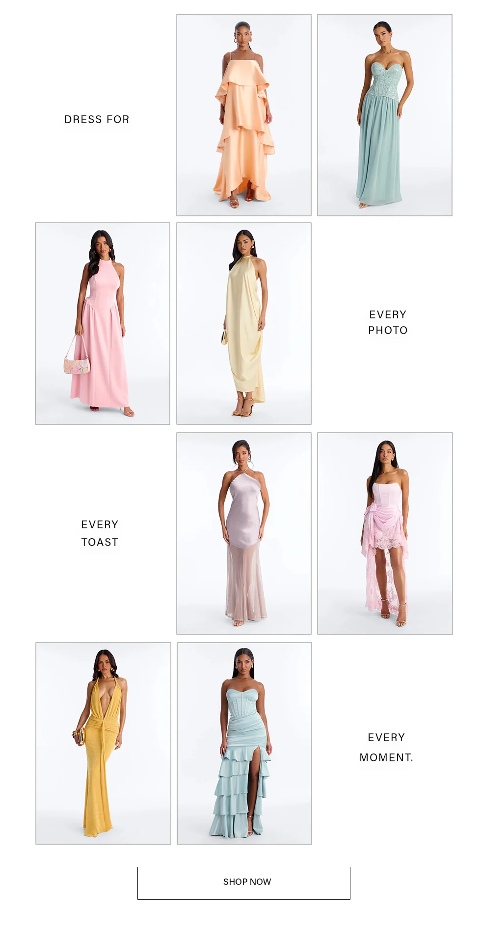 Elegant dresses for special occasions: models wear formal gowns in peach, mint, pink, yellow, lavender, and light blue. Shop our versatile new collection now.