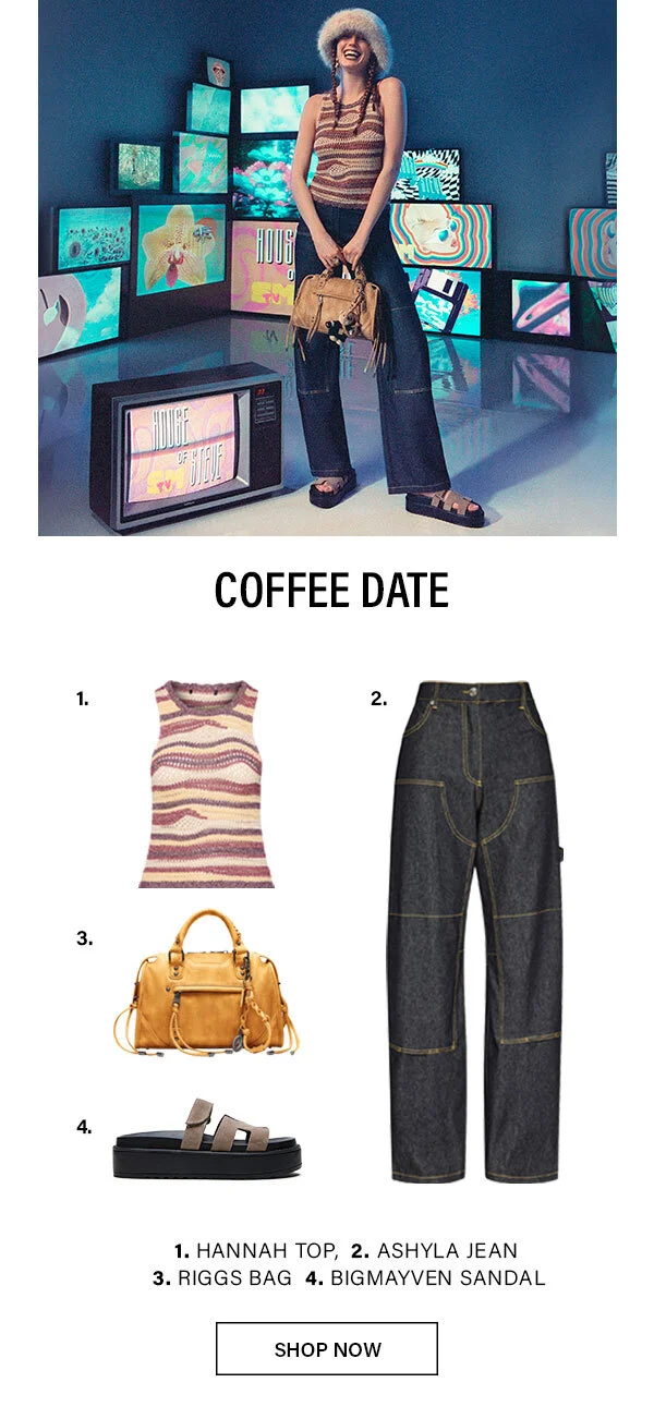 Coffee Date - Hannah top, Ashyla Jean, Riggs Bag, BigSchmona Sandal