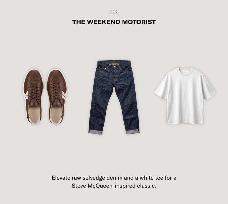 o3. The Weekend Motorist Elevate raw selvedge denim and a white tee for a Steve McQueen-inspired classic.