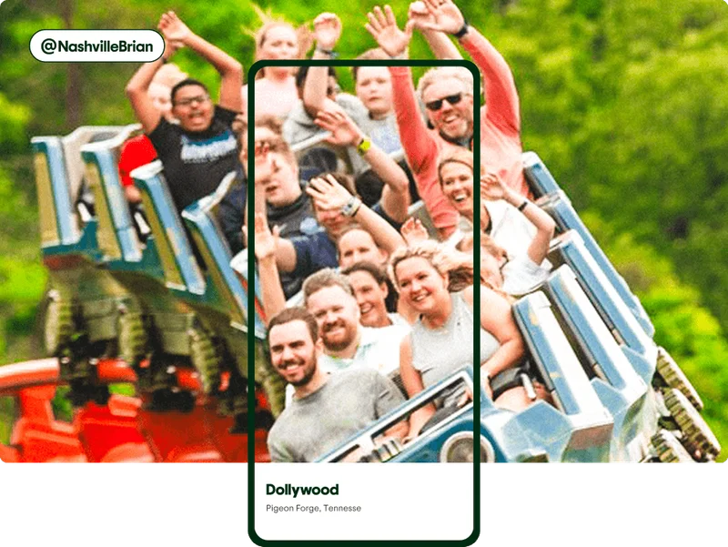 Image Description: Smiling people riding a roller coaster with a phone screen frame around the center of the image. The phone screen shows a Tripadvisor listing for Dollywood with a banner to earn rewards. The photo is attributed to Tripadvisor user @NashvilleBrian.