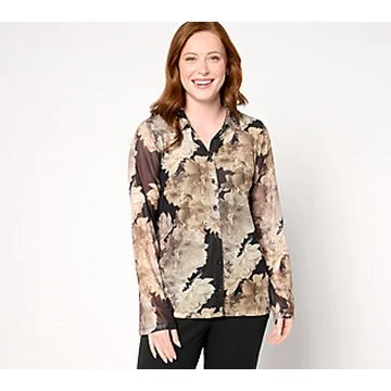 Isaac Mizrahi Live! Printed Mesh Long SleeveButton Front  Size 5X  Black Floral