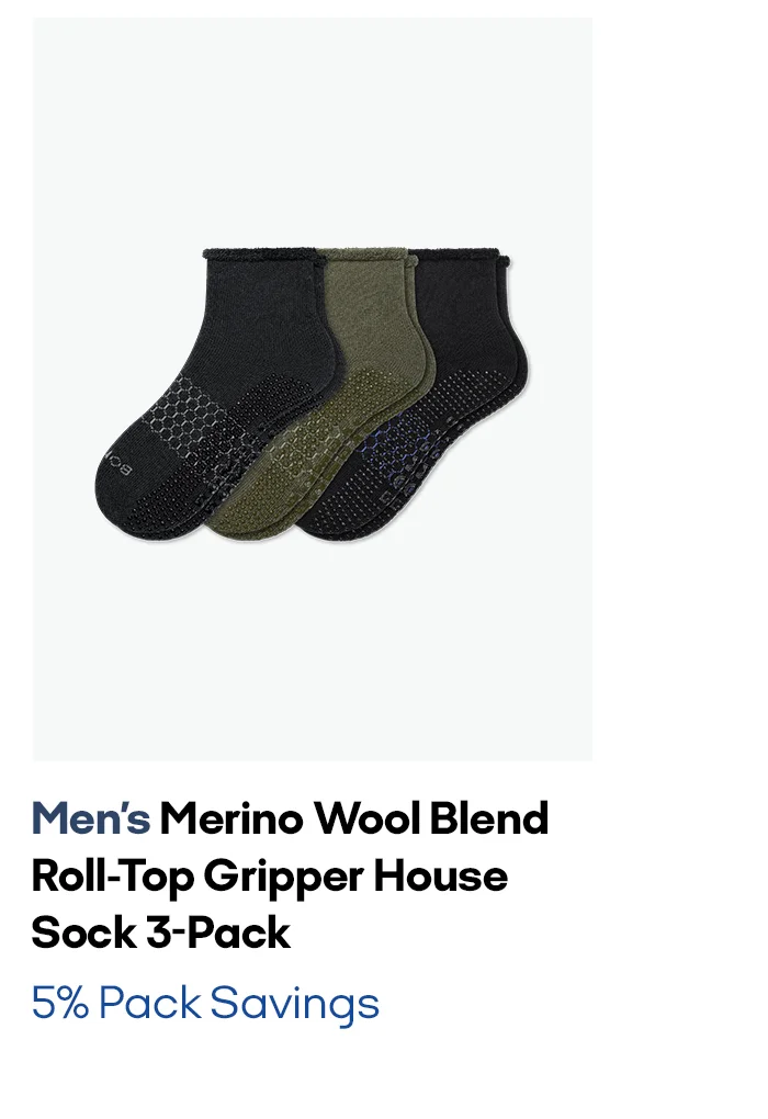 Men’s Merino Wool Blend Roll-Top Gripper House Sock 3-Pack | 5% Pack Savings