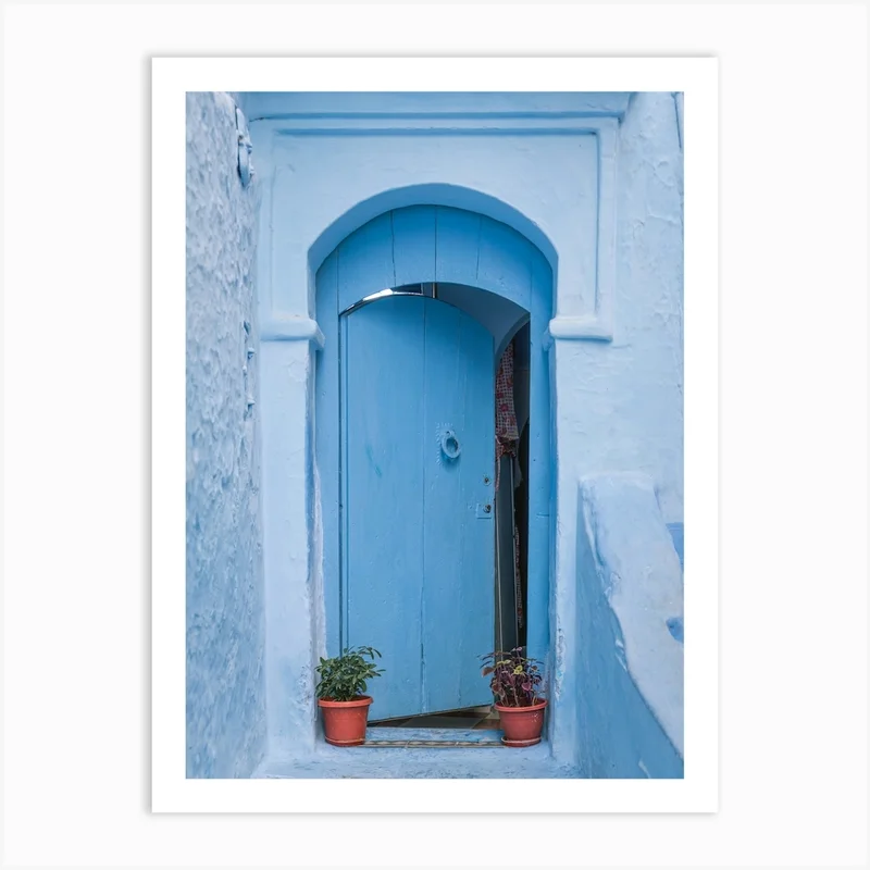 Image of Open Blue Door with plants | Chefchaouen | Morocco Art Print