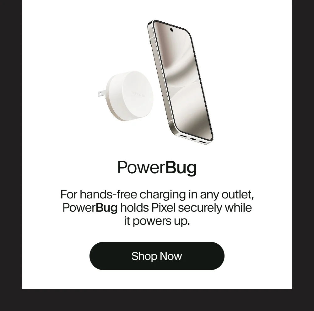 PowerBug | For hands-free charging in any outlet, PowerBug holds Pixel securely while it powers up.