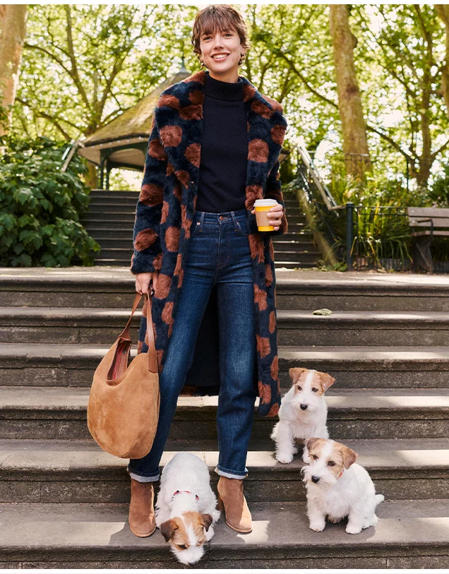 Spot Faux-Fur Midi Coat - Navy & Brown Spot