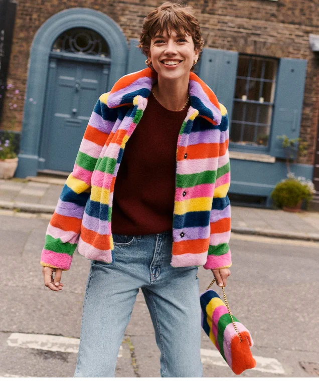 Stripe Faux-Fur Coat - Rainbow Stripe