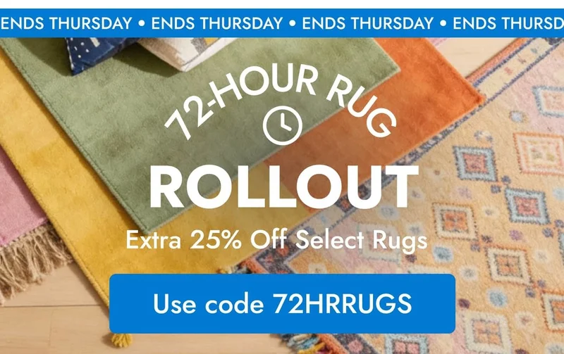 72-Hour Rug Rollout--25% off select rugs--use code discount code