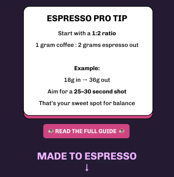 Espresso Pro Tip: Start with a 1:2 ratio — 1 gram coffee to 2 grams espresso out. Example: 18g in, 36g out. Aim for a 25–30 second shot. That's your sweet spot for balance. Button: Read the Full Guide. Made to Espresso ↓