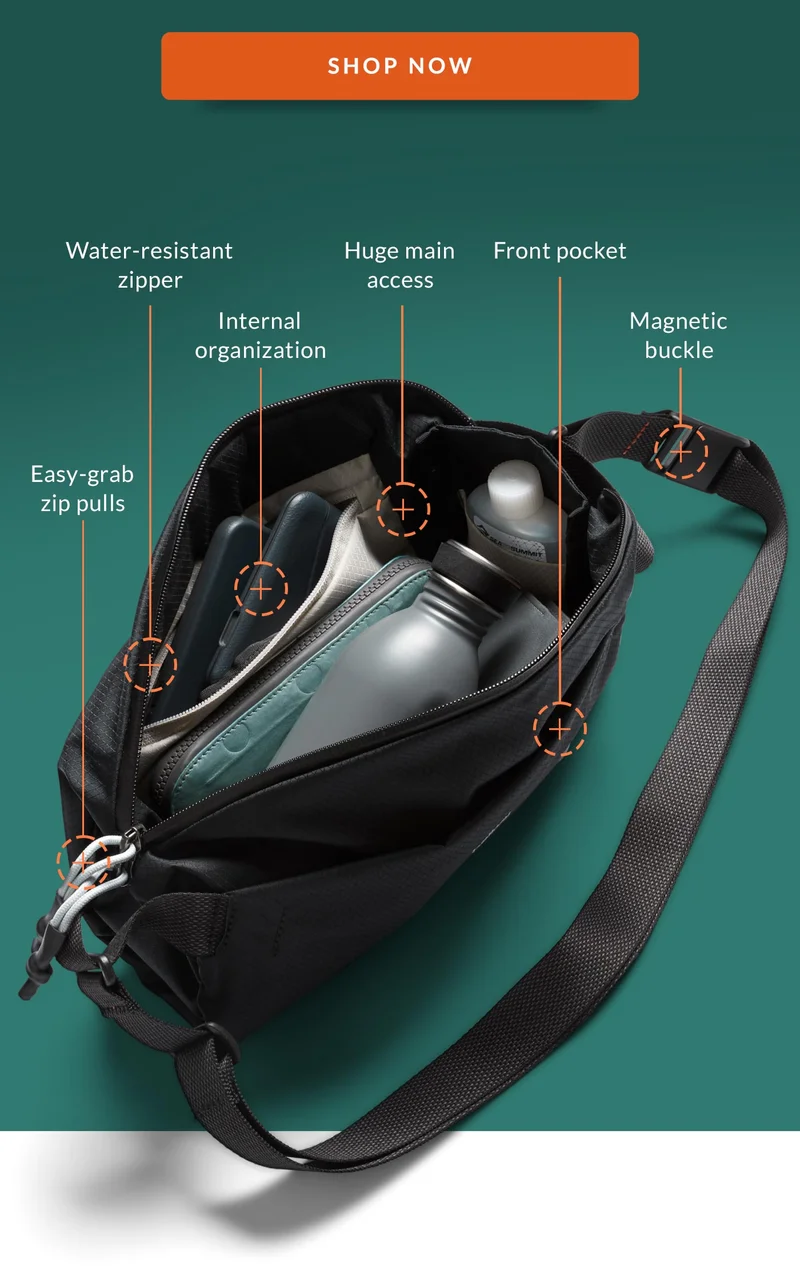 Exploded features: Expansion gusset Front pocket Magnetic buckle Huge main access Internal organization Padded back and bottom Easy-grab zip pulls  Icons: Super lightweight Expandable storage Magnetic strap buckle