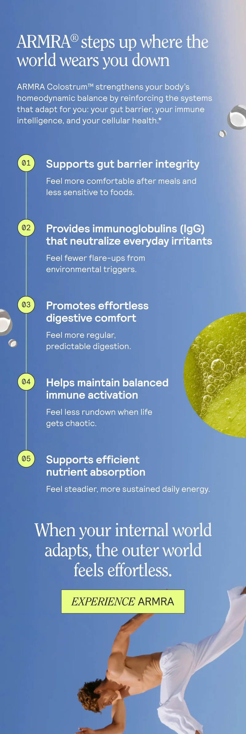 ARMRA Colostrum overview highlighting support for gut barrier integrity, balanced immune activation, digestive comfort, and efficient nutrient absorption.