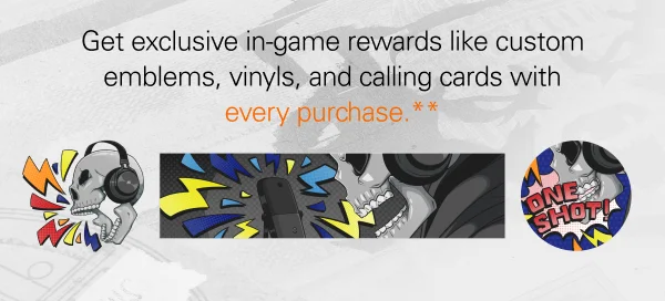 Get exclusive in-game rewards like custom emblems, vinyls, and calling cards with every purchase.**