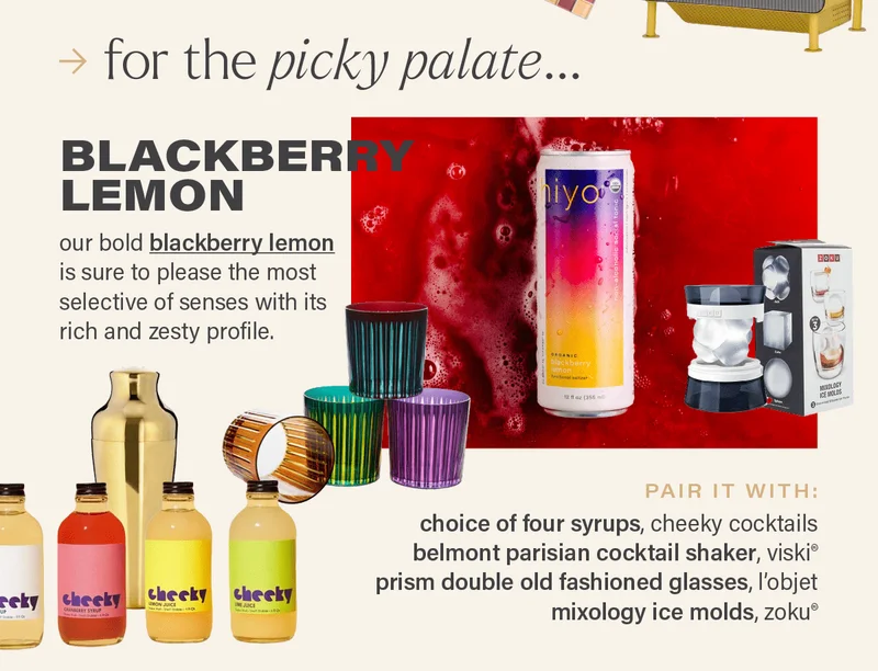 for the picky palate... BLACKBERRY LEMON: our bold blackberry lemon (link) is sure to please the most selective of senses with its rich and zesty profile. PAIR IT WITH: choice of four syrups, cheeky cocktails; belmont parisian cocktail shaker, viski®; prism double old fashioned glasses, l'objet; mixology ice molds, zoku®.