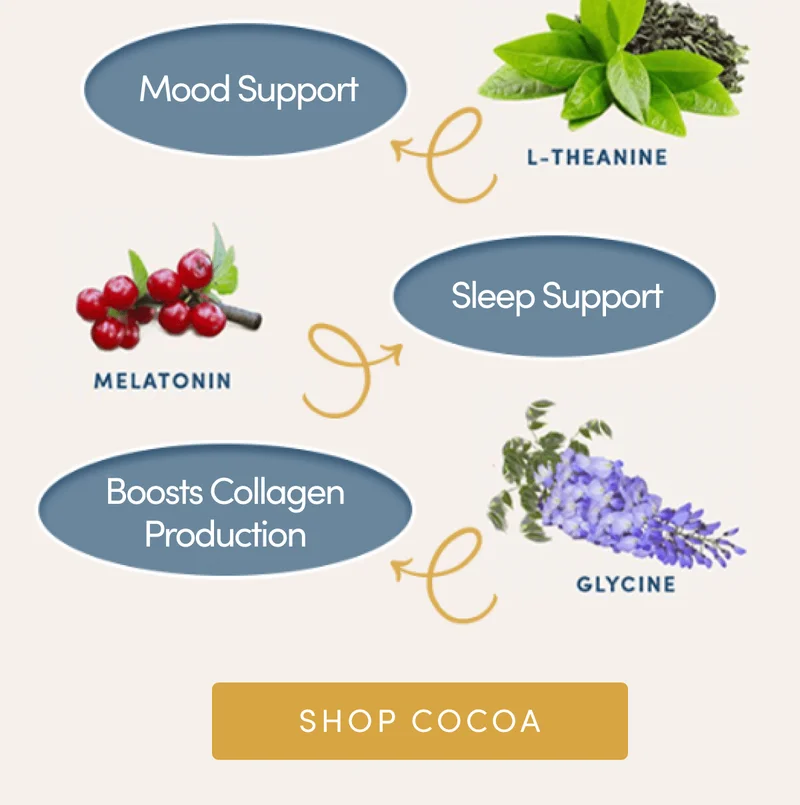 L-theanine, mood support | Melatonin, sleep support | Glycine, boosts collagen production | Shop Cocoa