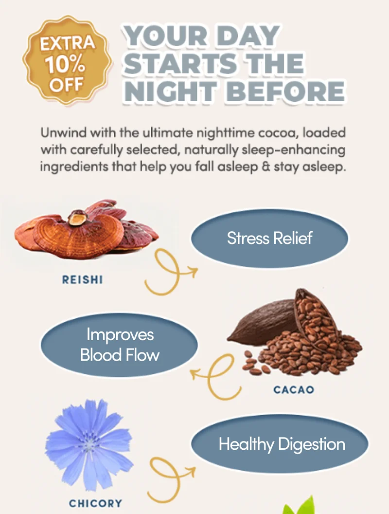 Extra 10% off | Your day starts the night before | Unwind with the ultimate nighttime cocoa, loaded with carefully selected, naturally sleep-enhancing ingredients that help you fall asleep & stay asleep. | Reishi, stress relief | Cacao, improves blood flow | Chicory, healthy digestion
