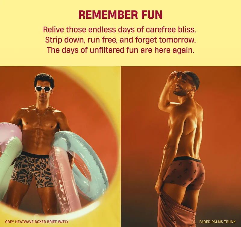 Remember Fun | Relieve those endless days of carefree bliss. Strip down, run free, and forget tomorrow. The days of unfiltered fun are here again. | Grey Heatwave Boxer Brief W/Fly | Faded Palms Trunk