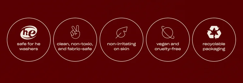 safe for washers clean, non-toxic, fabric-safe dermatologist-tested vegan and cruelty free recyclable packaging