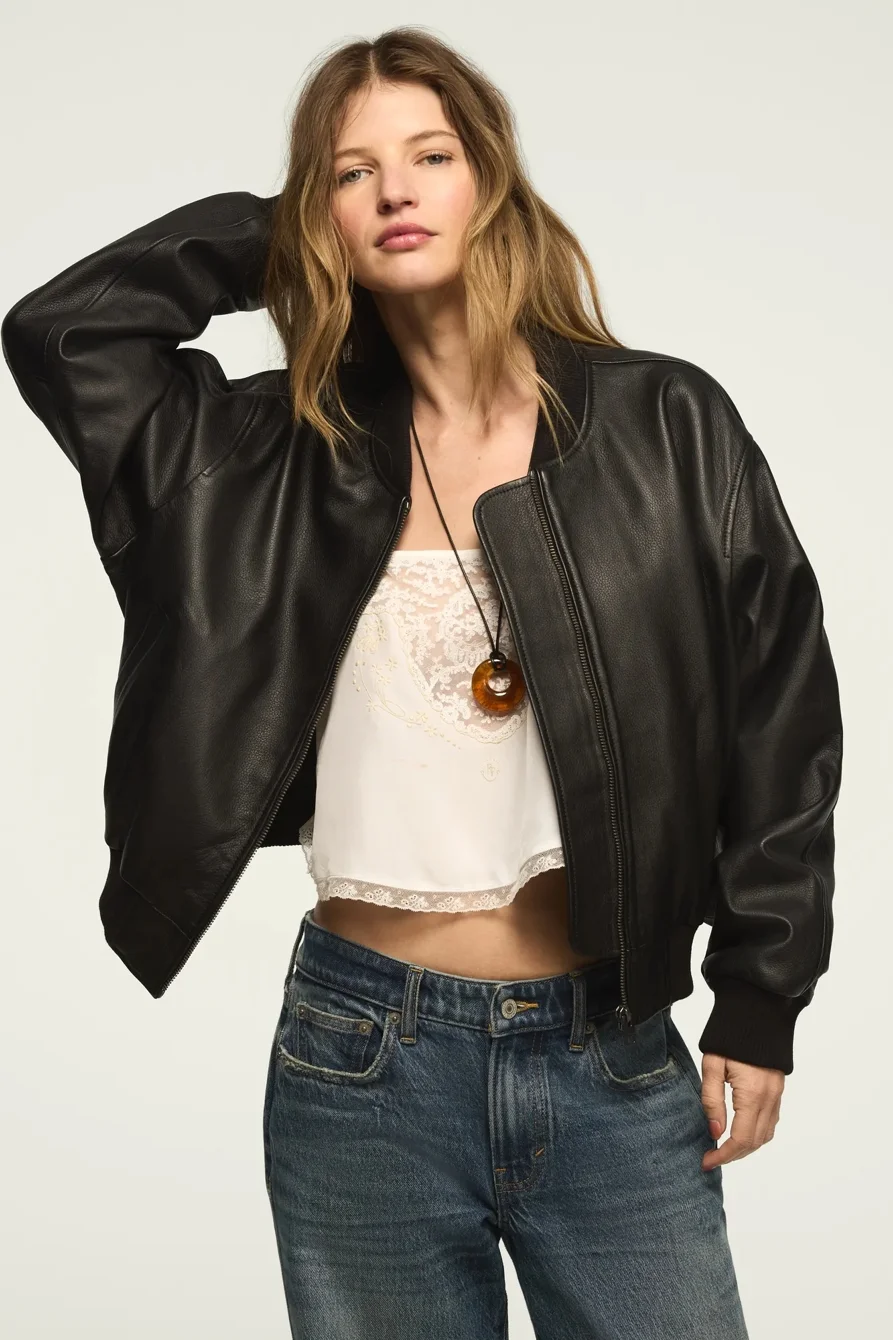Image of Lucky Brand Leather Bomber Jacket - Women's Clothing Outerwear Jackets Coats in #001 Black
