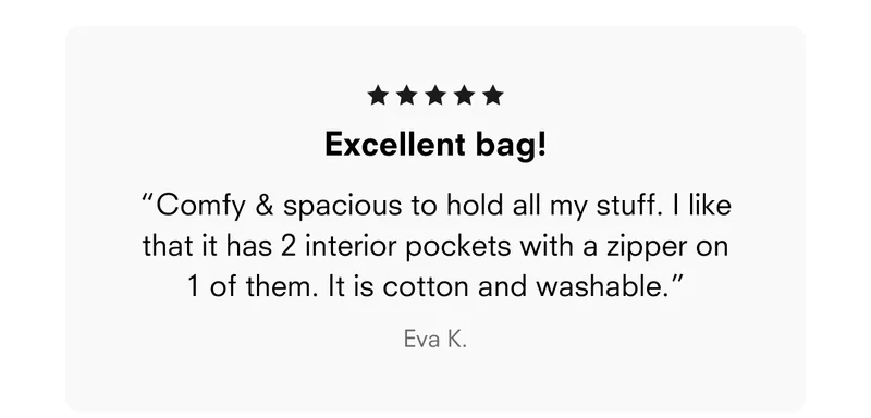 Excellent bag!  “Comfy & spacious to hold all my stuff. I like that it has 2 interior pockets with a zipper on 1 of them. It is cotton and washable.” Eva K.