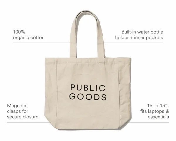 100%  organic cotton. Built-in water bottle holder + inner pockets. Magnetic clasps for secure closure. 15” x 13”, fits laptops & essentials.