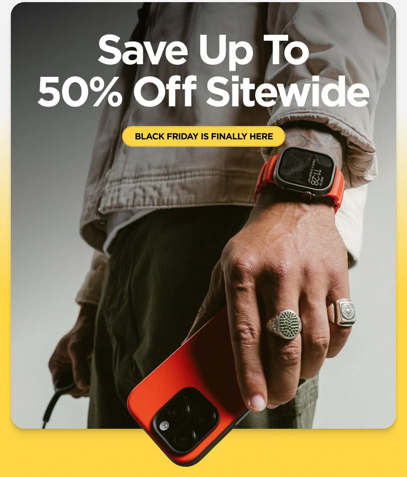 Image of a man holding an iPhone 16 Pro Sport Case in Magma. Text on the image says "Save Up To 50% Off Sitewide. Black Friday is finally here."