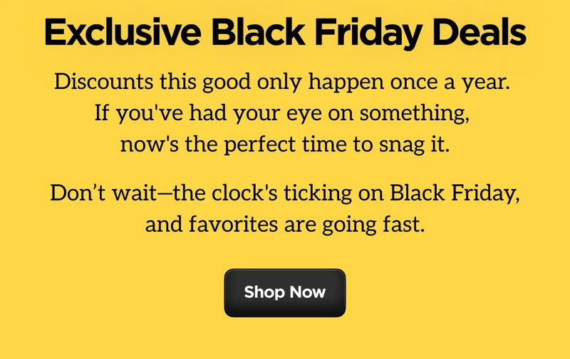 Text says "Exclusive Black Friday Deals. Discounts this good only happen once a year. If you've had your eye on something now's the perfect time to snag it. Don't wait - the clock's ticking on Black Friday, and favorites are going fast. Shop Now"