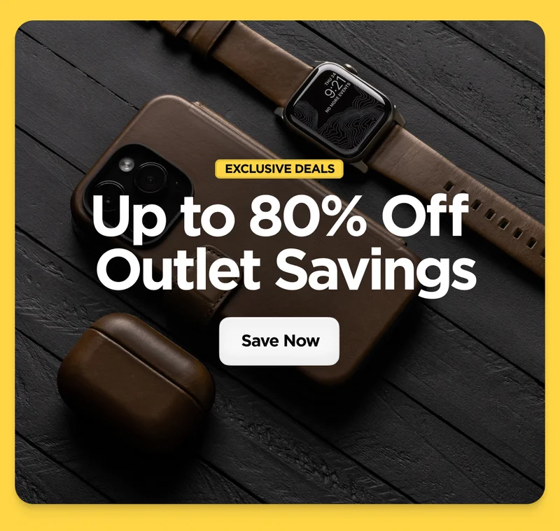 Flatlay image of Modern Leather Folio for iPhone, Modern Leather AirPods Case, and Modern Leather Band for Apple Watch in Rustic Brown Leather. Text overlay states, "Exclusive deals. Up to 80% off outlet savings. Save now."