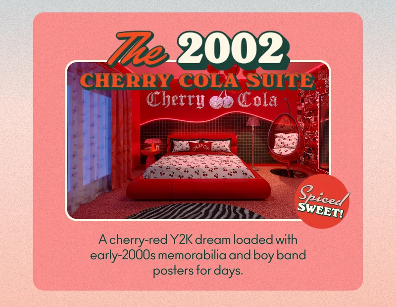 2002 Cherry Cola Suite: A cherry-red Y2K dream loaded with early-2000s memorabilia and boy band posters for days.
