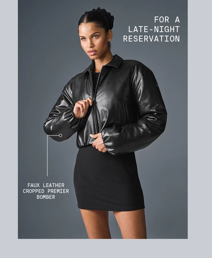 FOR A LATE-NIGHT RESERVATION FAUX LEATHER CROPPED PREMIER BOMBER
