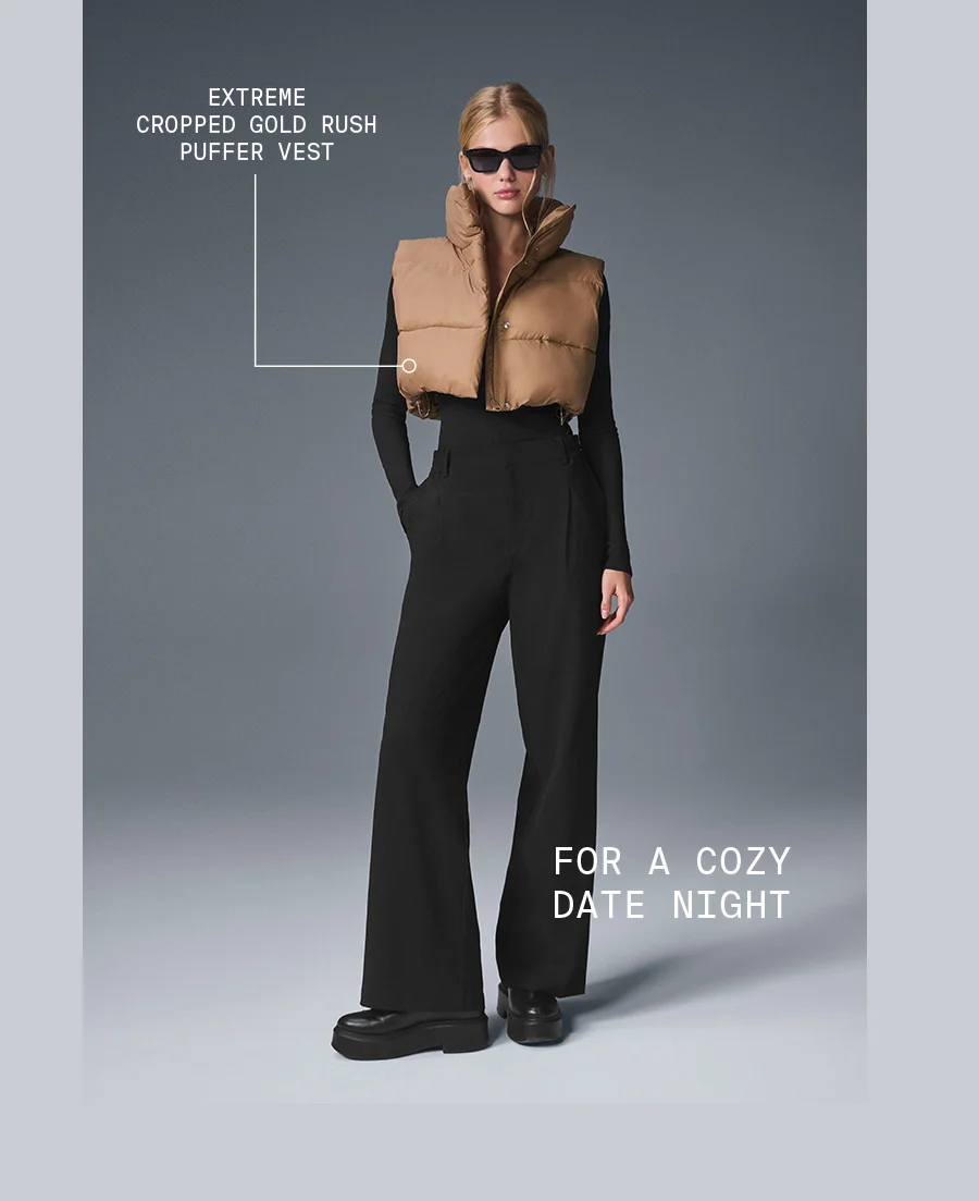 EXTREME CROPPED GOLD RUSH PUFFER VEST FOR A COZY DATE NIGHT