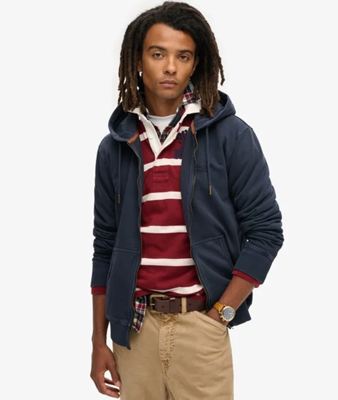 Essential Logo Washed Zip Hoodie - Navy
