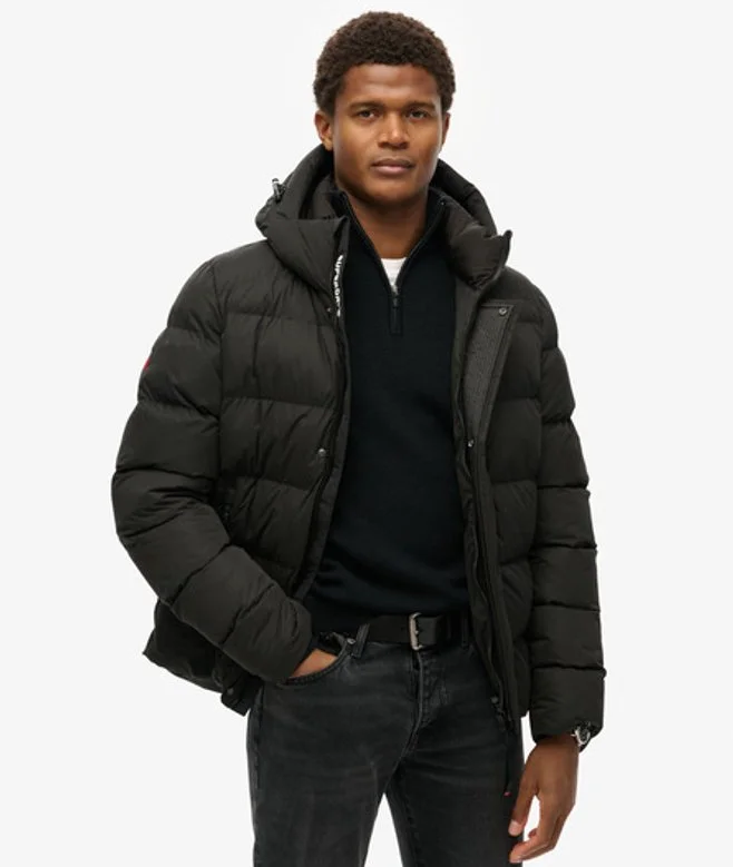 Hooded Microfibre Sport Puffer Jacket - Black