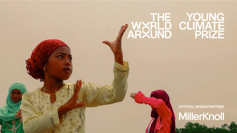 Three young girls looking in various directions against a beige backdrop with The World Around Young Climate Prize and Official Design Partner MillerKnoll text on the right side.