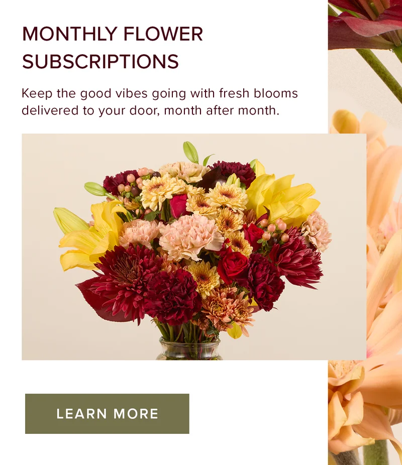 Monthly Flower Subscription! Keep the good vibes going with fresh blooms delivered to your door, month after month. LEARN MORE