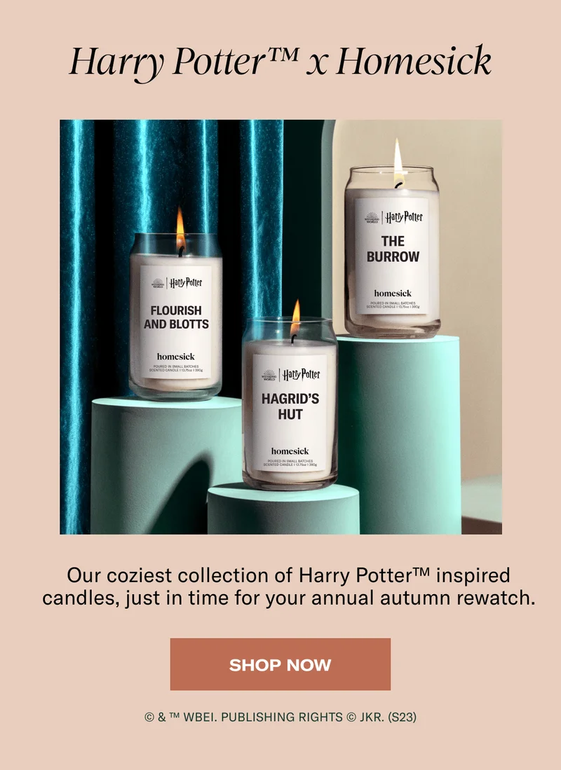 Harry Potter™ x Homesick | Our coziest collection of Harry Potter™ inspired candles, just in time for your annual autumn rewatch. | Shop now | © & ™ WBEI. Publishing Rights © JKR. (s23)