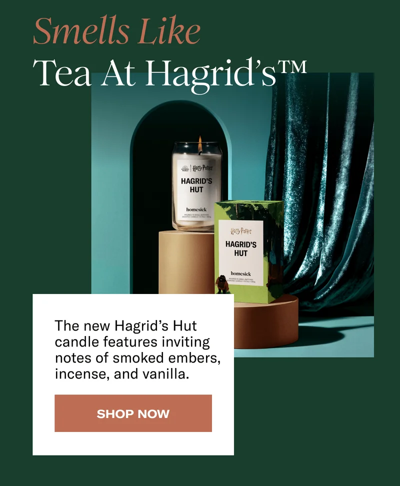 Smells Like Tea At Hagrid’s™ | The new Hagrid’s Hut candle features inviting notes of smoked embers, incense, and vanilla. | Shop now