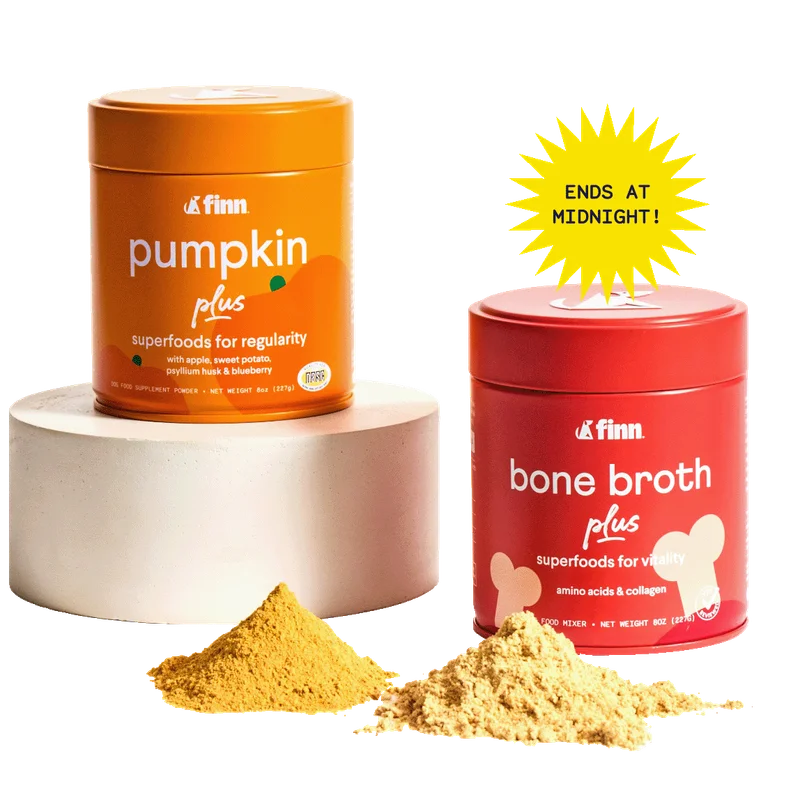 Pumpkin Plus and Bone Broth tins. Callout: "Ends at midnight!"