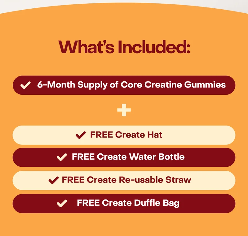 What's Included:  • 6-month supply of Core Gummies  • FREE Create hat  • FREE Create water bottle  • FREE Create straws  • FREE Create Duffel