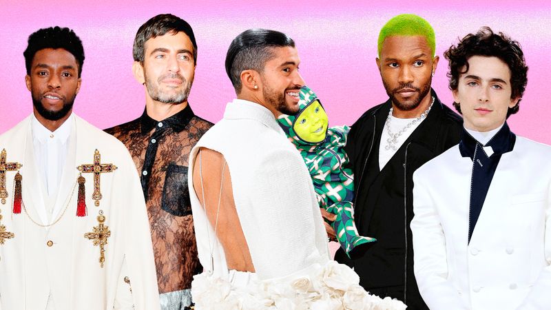 Collage of Frank Ocean, Timothée Chalamet, Marc Jacobs, Chadwick Boseman, Bad Bunny at the Met Gala