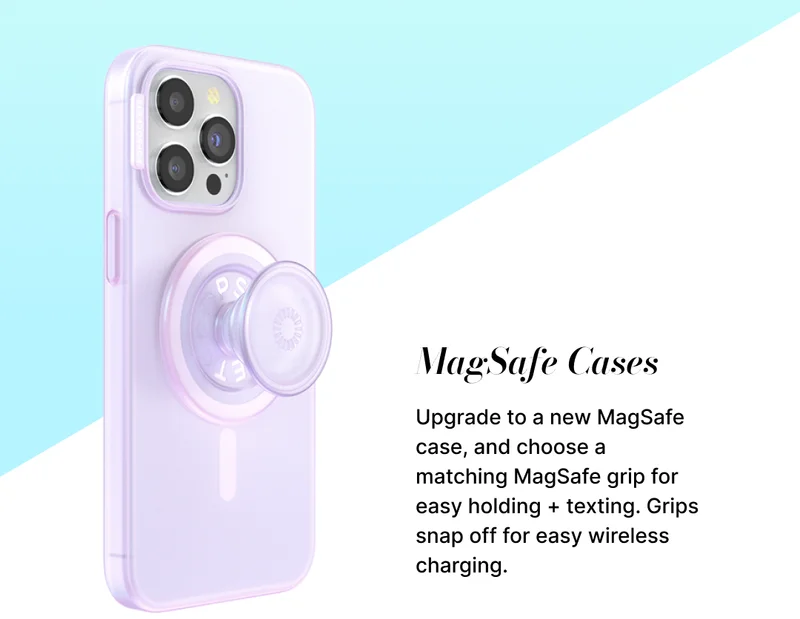 Upgrade to a new MagSafe case, and choose a matching MagSafe grip for easy holding + texting. Grips snap off for easy wireless charging