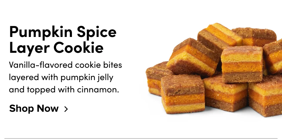 Pumpkin Spice Layer Cookies: Vanilla-flavored cookie bites layered with pumpkin jelly and topped with cinnamon; Shop now